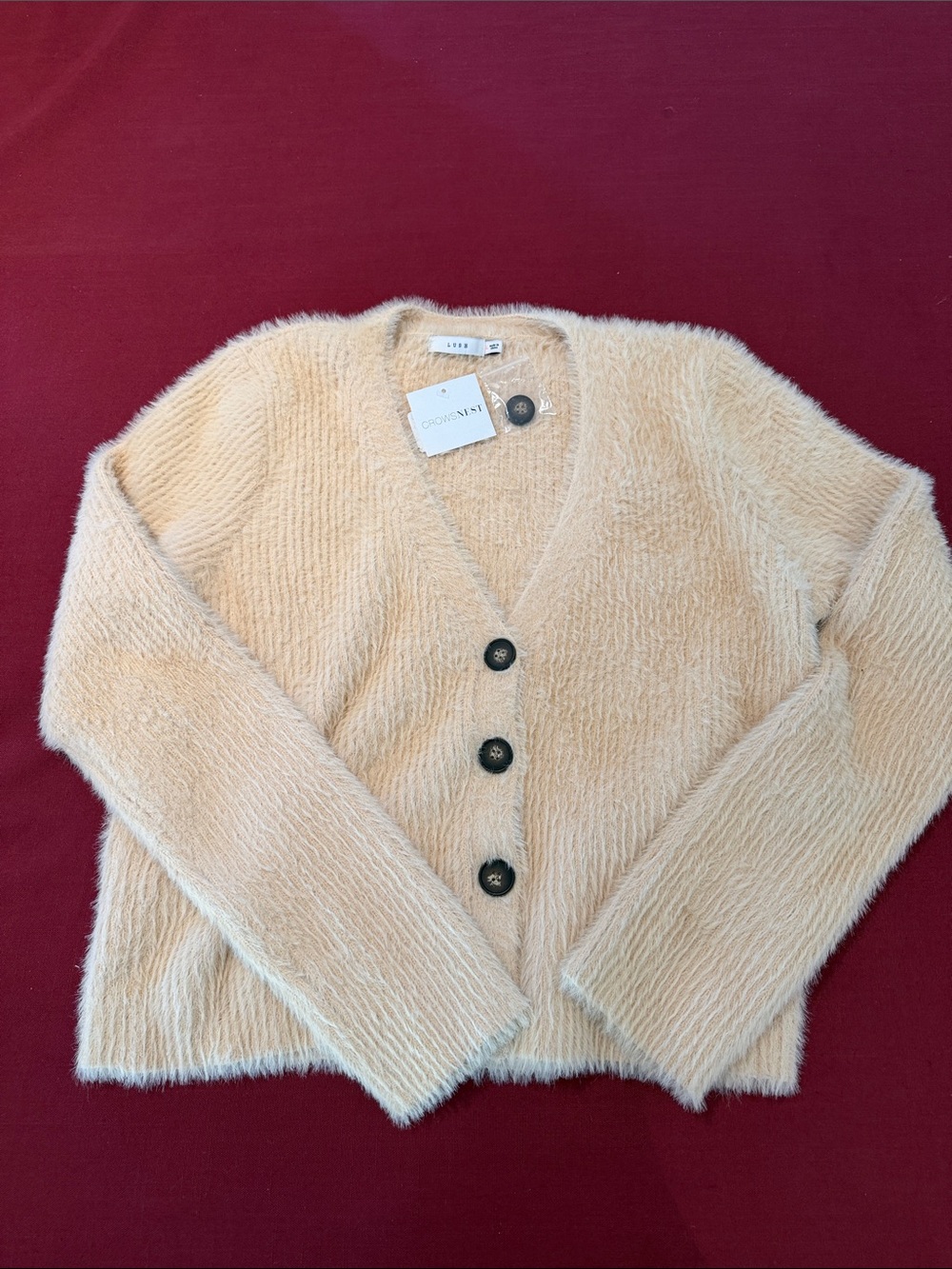 Lush Fuzzy V-Neck Cardigan in Pale Peach Cream with Black Buttons